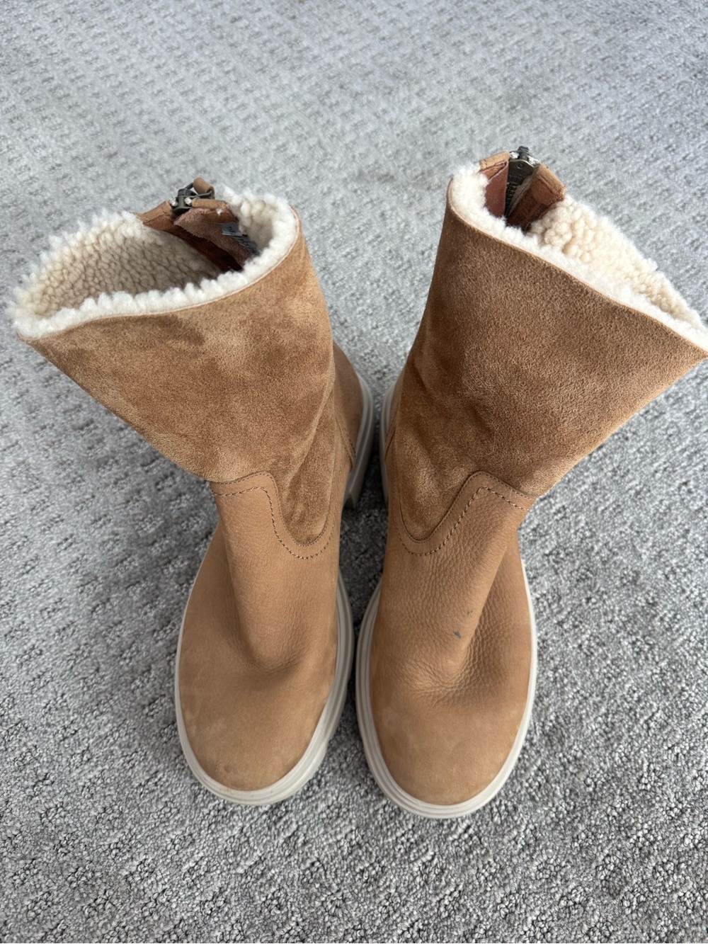 Paul Green Tan Suede Shearling-Lined Mid-Calf Boots